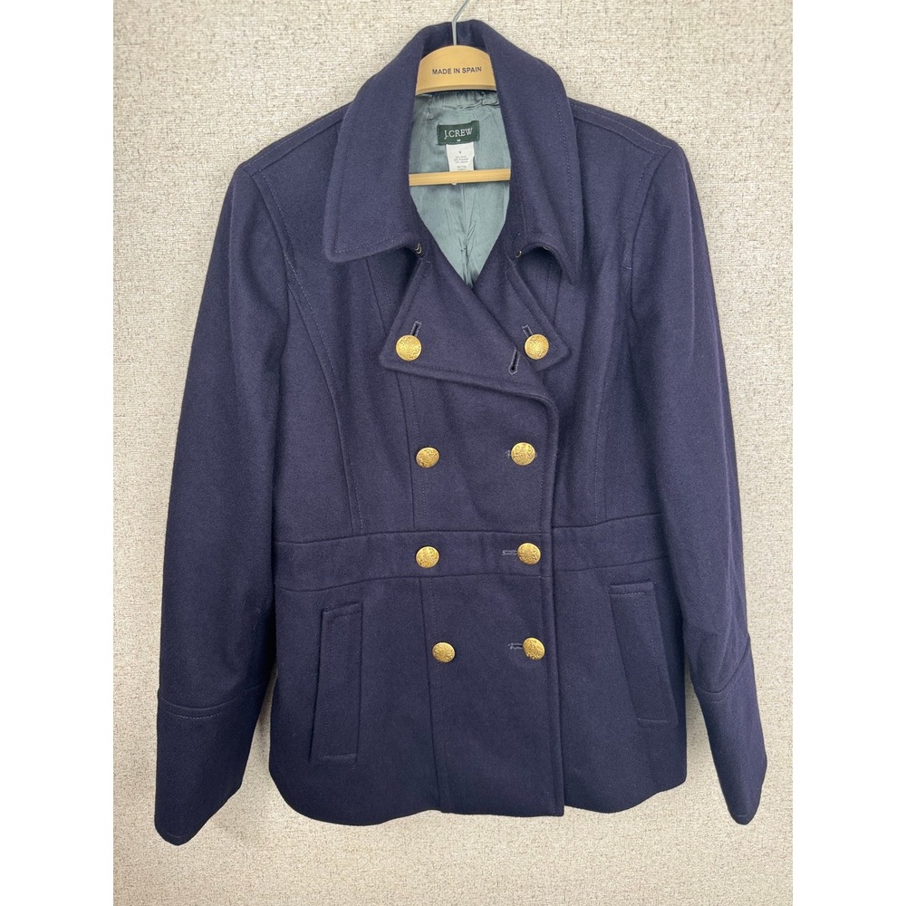 J Crew Y2K Navy Wool Military Peacoat Womens 8 Gold Buttons Double Breasted